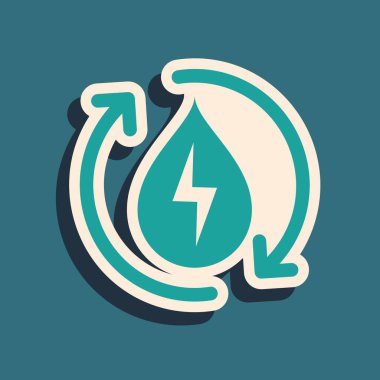 Yeşil Geri Dönüşüm Temiz Su simgesi mavi arka planda izole. Su enerji geri dönüşüm sembolü. Geri dönüşümlü bir damla su. Su tazeleyici oklar. Uzun gölge tarzı. Vektör İllüstrasyonu