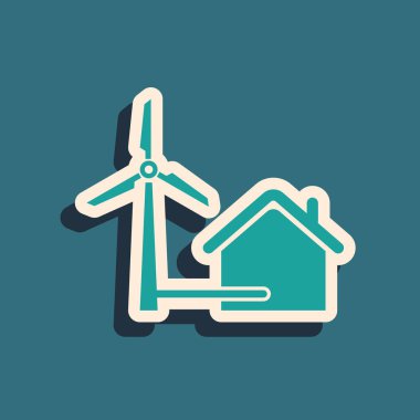 Elektrik enerji üretimi ikonu için rüzgar türbinli yeşil ev mavi arka planda izole edildi. Çevre dostu ev. Çevre koruma. Uzun gölge tarzı. Vektör İllüstrasyonu