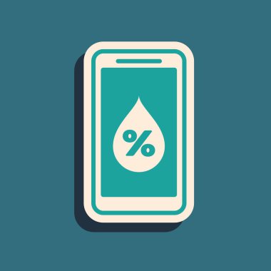 Mavi arka planda izole edilmiş akıllı ev simgesi için yeşil nem oranı. Hava ve meteoroloji, termometre sembolü. Uzun gölge tarzı. Vektör İllüstrasyonu