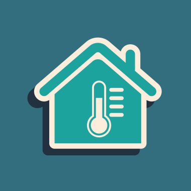 Mavi arkaplanda sera sıcaklığı simgesi izole edildi. Termometre simgesi. Uzun gölge tarzı. Vektör İllüstrasyonu