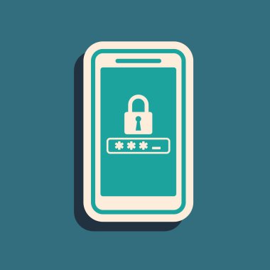 Yeşil Cep telefonu ve parola koruma simgesi mavi arka planda yalıtılmış. Güvenlik, güvenlik, kişisel erişim, kullanıcı izni, gizlilik. Uzun gölge stili. Vektör İllüstrasyonu