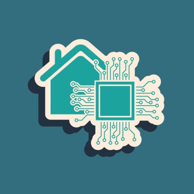 Yeşil Akıllı ev simgesi mavi arkaplanda izole edildi. Uzaktan kumanda. Uzun gölge tarzı. Vektör İllüstrasyonu