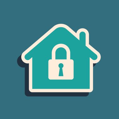 Koruma altındaki Yeşil Ev mavi arka planda izole edilmiş. Eve git ve kilitle. Koruma, güvenlik, güvenlik, koruma, savunma konsepti. Uzun gölge tarzı. Vektör İllüstrasyonu