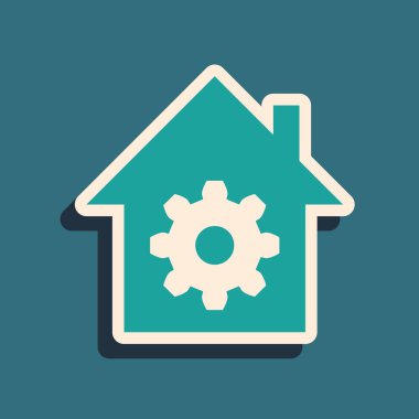 Yeşil Akıllı ev ayarları simgesi mavi arkaplanda izole edildi. Uzaktan kumanda. Uzun gölge tarzı. Vektör İllüstrasyonu