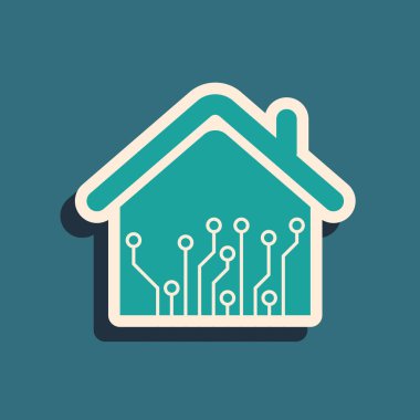 Yeşil Akıllı ev simgesi mavi arkaplanda izole edildi. Uzaktan kumanda. Uzun gölge tarzı. Vektör İllüstrasyonu