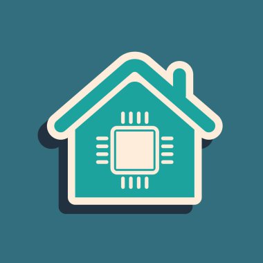 Yeşil Akıllı ev simgesi mavi arkaplanda izole edildi. Uzaktan kumanda. Uzun gölge tarzı. Vektör İllüstrasyonu