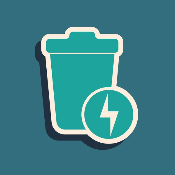 Green Lightning with trash can icon isolated on blue background. Waste to energy. Garbage bin sign. Recycle basket sign. Long shadow style. Vector Illustration — 图库矢量图片