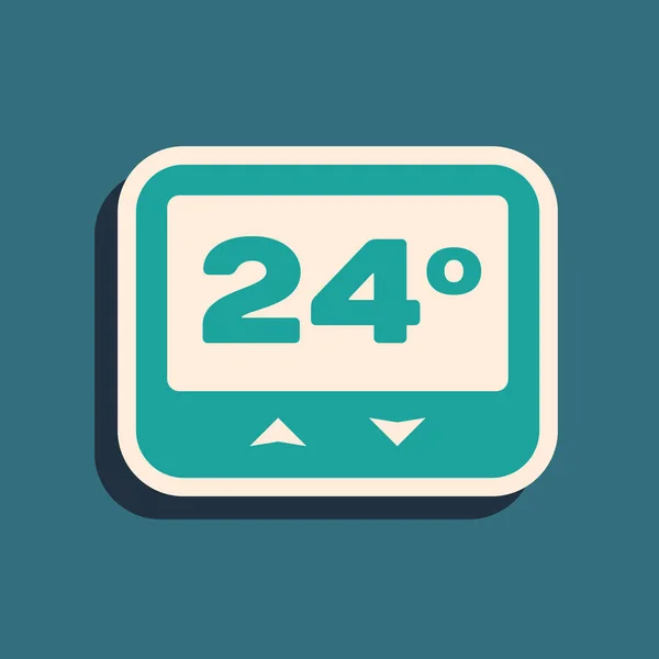 Icono del termostato verde aislado sobre fondo azul. Control de temperatura. Estilo de sombra larga. Ilustración vectorial — Vector de stock