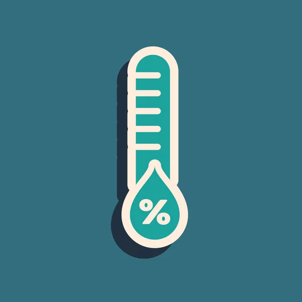 Grünes Feuchtigkeitssymbol isoliert auf blauem Hintergrund. Wetter und Meteorologie, Thermometer-Symbol. Lange Schatten. Vektorillustration — Stockvektor