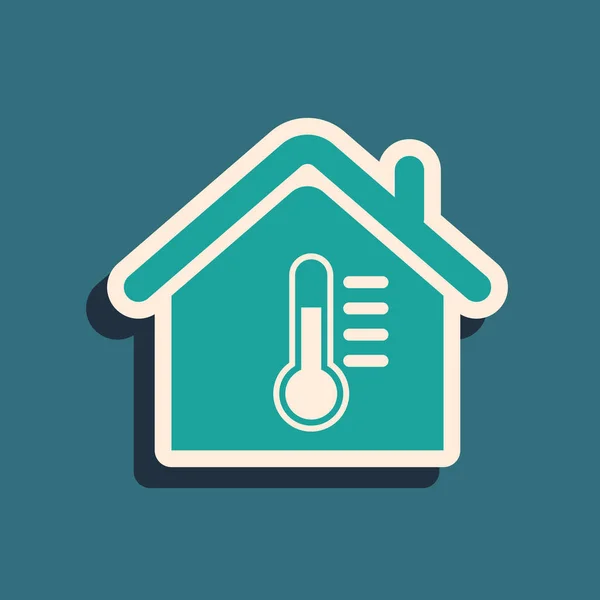 Icône de température Green House isolée sur fond bleu. Icône du thermomètre. Style ombre longue. Illustration vectorielle — Image vectorielle
