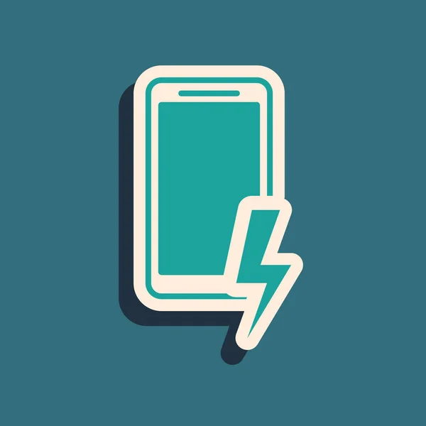 Green Smartphone charging battery icon isolated on blue background. Phone with a low battery charge. Long shadow style. Vector Illustration — Stock Vector