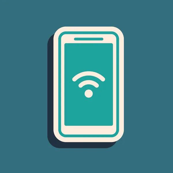 Green Smartphone with free wi-fi wireless connection icon isolated on blue background. Wireless technology, wi-fi connection, wireless network. Long shadow style. Vector Illustration — Stock Vector