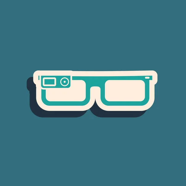 Green Smart glasses mounted on spectacles icon isolated on blue background. Wearable electronics smart glasses with camera and display. Long shadow style. Vector Illustration — ストックベクタ