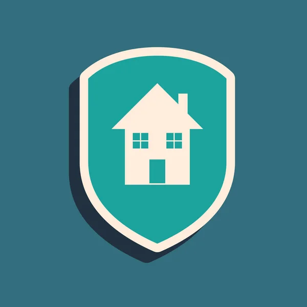 Green House under protection icon isolated on blue background. Home and shield. Protection, safety, security, protect, defense concept. Long shadow style. Vector Illustration — Stock vektor