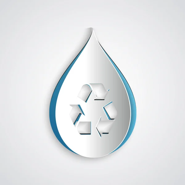 Papierschnitt Recycle clean aqua icon isoliert auf grauem Hintergrund. Wassertropfen mit Zeichenrecycling. Papierkunst. Vektorillustration — Stockvektor