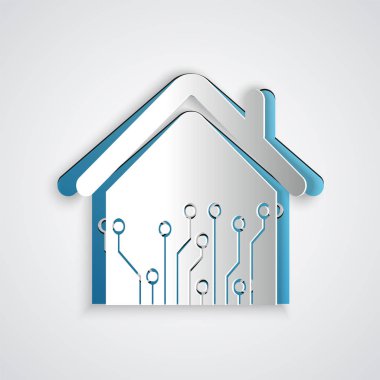 Kağıt, gri arka planda yalıtılmış Akıllı ev simgesini kesti. Uzaktan kumanda. Kağıt sanat tarzı. Vektör İllüstrasyonu