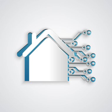 Kağıt, gri arka planda yalıtılmış Akıllı ev simgesini kesti. Uzaktan kumanda. Kağıt sanat tarzı. Vektör İllüstrasyonu