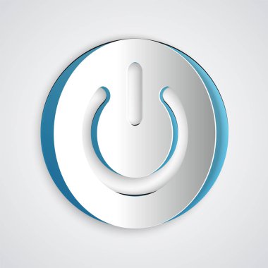 Kağıt kesme Güç düğmesi simgesi gri arka planda yalıtılmış. İşareti başlat. Kağıt sanat tarzı. Vektör İllüstrasyonu