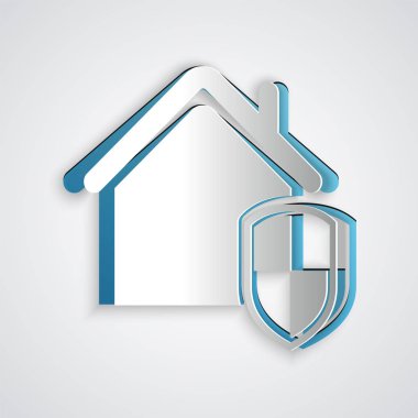 Kağıtlar, gri arka planda izole edilmiş koruma simgesi altında House 'u kesiyor. Ev ve kalkan. Koruma, güvenlik, güvenlik, koruma, savunma konsepti. Kağıt sanatı tarzı. Vektör İllüstrasyonu