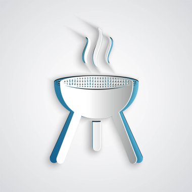 Kağıt kesiği Izgara ikonu gri arka planda izole edildi. Barbekü ızgara partisi. Kağıt sanatı tarzı. Vektör İllüstrasyonu