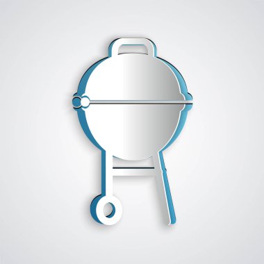 Kağıt kesiği Izgara ikonu gri arka planda izole edildi. Barbekü ızgara partisi. Kağıt sanatı tarzı. Vektör İllüstrasyonu