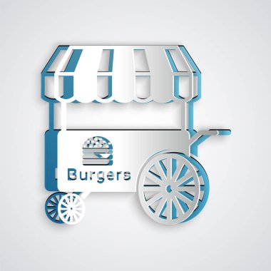 Kağıt gri arka plan üzerinde izole tente simgesi ile Fast street gıda sepeti kesti. Burger veya hamburger simgesi. Şehir köşkü. Kağıt sanat tarzı. Vektör İllüstrasyonu