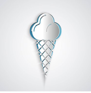 Kağıt kesiği dondurma külahında gri arka planda izole edilmiş dondurma. Güzel sembol. Kağıt sanatı tarzı. Vektör İllüstrasyonu