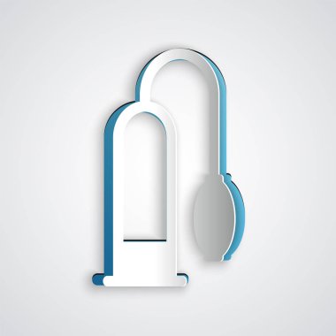 Paper cut Penis pump icon isolated on grey background. Penis enlarger. Sex toy for men. Vacuum pump with a blower to increase the penis. Paper art style. Vector Illustration