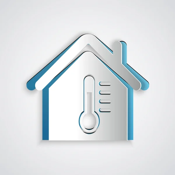 Corte de papel Icono de temperatura de la casa aislado sobre fondo gris. Icono del termómetro. Estilo de arte de papel. Ilustración vectorial — Vector de stock