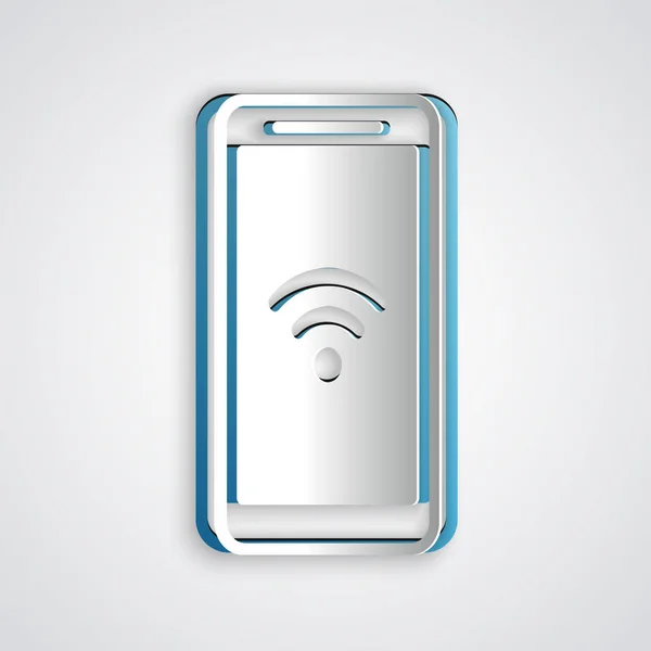 Paper cut Smartphone with free wi-fi wireless connection icon isolated on grey background. Wireless technology, wi-fi connection, wireless network. Paper art style. Vector Illustration — Stock Vector