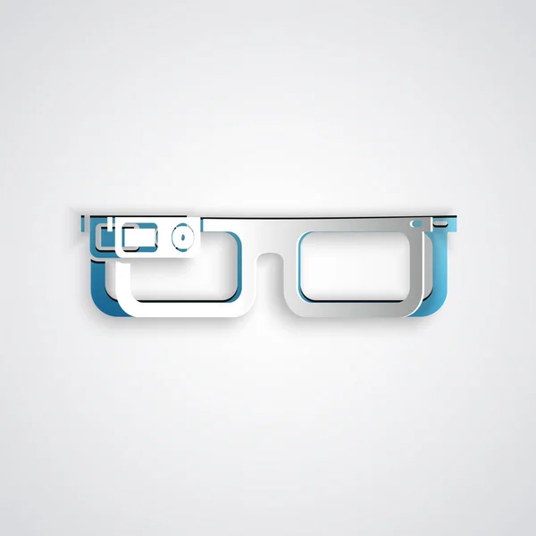 Corte de papel Gafas inteligentes montadas sobre un icono de gafas aisladas sobre fondo gris. Gafas inteligentes de electrónica portátil con cámara y pantalla. Estilo de arte de papel. Ilustración vectorial — Vector de stock