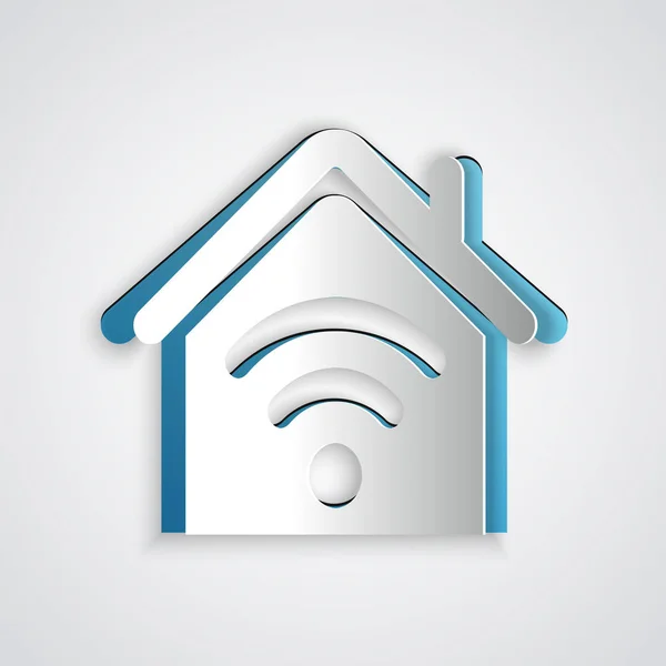 Corte de papel Smart home con icono wi-fi aislado sobre fondo gris. Control remoto. Estilo de arte de papel. Ilustración vectorial — Vector de stock