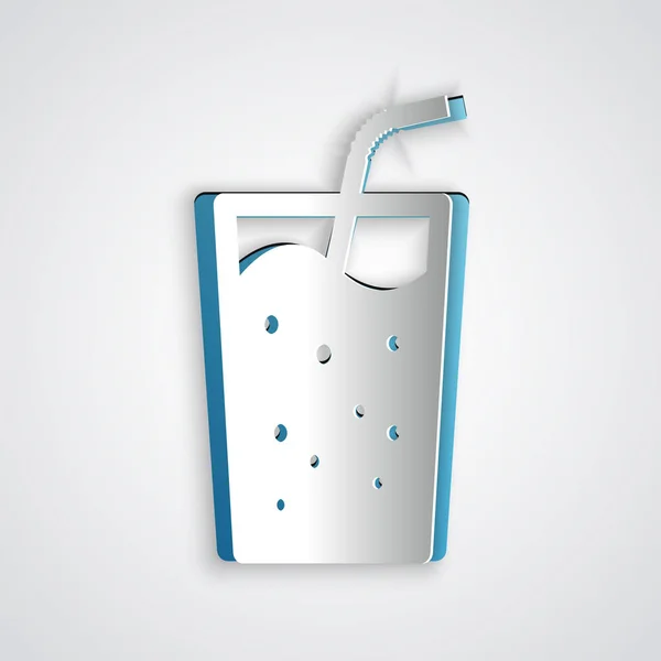 Papier découpé Verre avec icône d'eau isolée sur fond gris. Verre à soda avec paille à boire. Symbole de boisson fraîche froide. Style art du papier. Illustration vectorielle — Image vectorielle