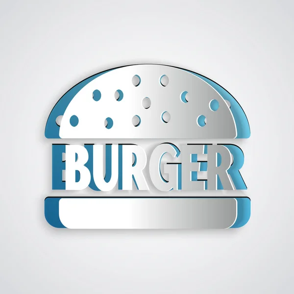 Burger-Ikone aus Papier isoliert auf grauem Hintergrund. Hamburger Ikone. Cheeseburger Sandwich-Schild. Papierkunst. Vektorillustration — Stockvektor