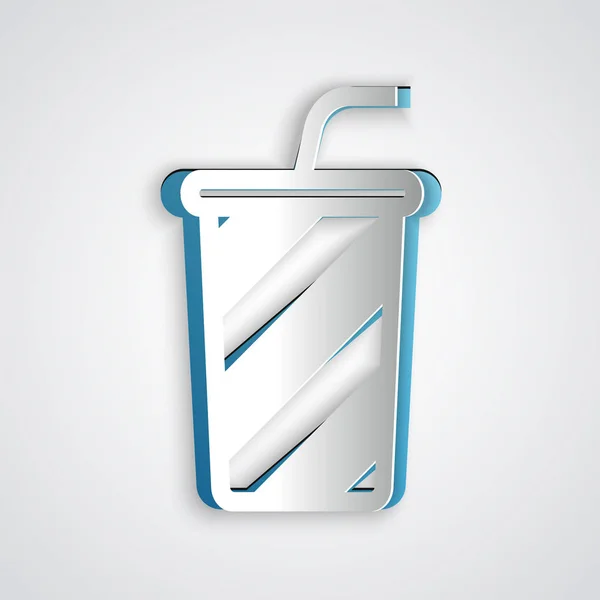 Paper cut Glass with water icon isolated on grey background. Soda drink glass with drinking straw. Fresh cold beverage symbol. Paper art style. Vector Illustration — Stock Vector