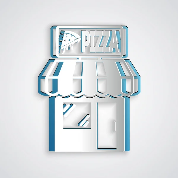 Papel cortado ícone da fachada do edifício Pizzeria isolado no fundo cinza. Quiosque de pizzaria de comida rápida. Estilo de arte de papel. Ilustração vetorial — Vetor de Stock