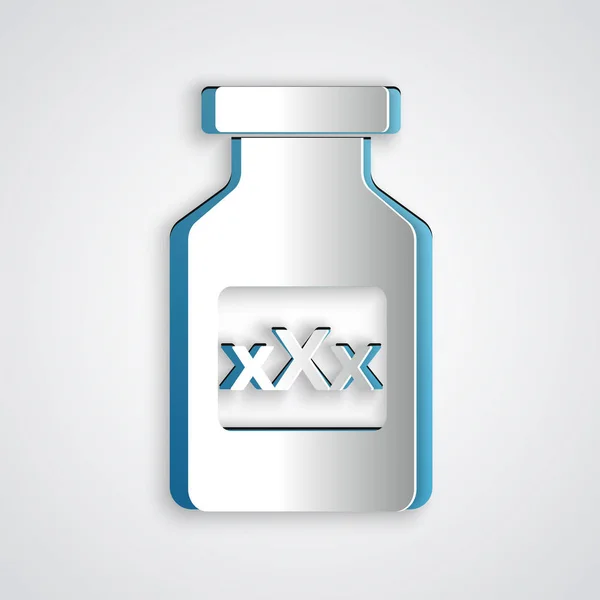 Paper cut Medicine bottle with pills for potency, aphrodisiac icon isolated on grey background. Sex pills for men and women. Paper art style. Vector Illustration — Stock Vector