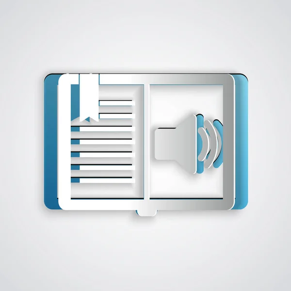 Carta tagliata Icona audiolibro isolato su sfondo grigio. Segnale audio guida. Concetto di apprendimento online. Stile cartaceo. Illustrazione vettoriale — Vettoriale Stock