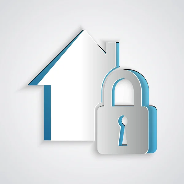 Paper cut House under protection icon isolated on grey background. Home and lock. Protection, safety, security, protect, defense concept. Paper art style. Vector Illustration — Stock Vector