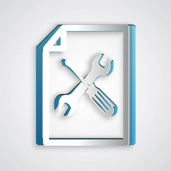 Paper cut File document with screwdriver and wrench icon isolated on grey background. Adjusting, service, setting, maintenance, repair, fixing. Paper art style. Vector Illustration — Stock Vector