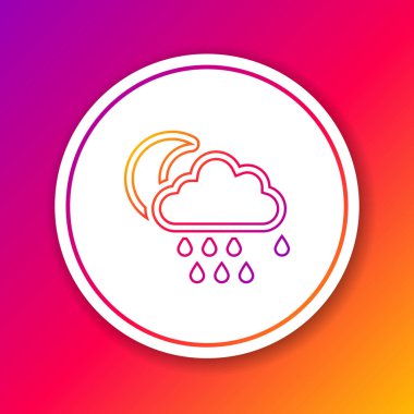 Yağmur ve ay simgesi arkaplanda izole edilmiş renkli bulut çizgisi. Yağmur damlaları ile yağmur bulutu yağışı. Çember beyaz düğme. Vektör İllüstrasyonu