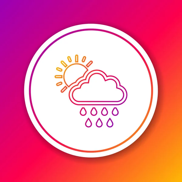 Farblinie Wolke mit Regen und Sonne Symbol isoliert auf Farbhintergrund. Regenwolken Niederschlag mit Regentropfen. Kreis weißer Knopf. Vektorillustration — Stockvektor