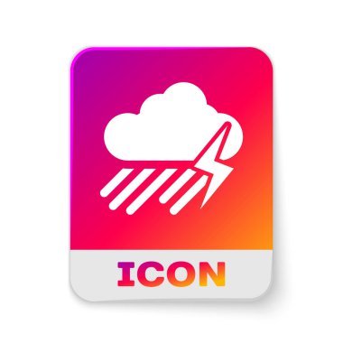 Beyaz zemin üzerinde yağmur ve şimşek simgesi olan beyaz bulut. Yağmur damlalı yağmur bulutu yağışı. Fırtına ikonu. Dikdörtgen renk düğmesi. Vektör İllüstrasyonu