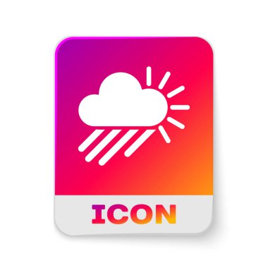 Beyaz bulutlu, yağmurlu ve beyaz arka planda izole edilmiş güneş ikonu. Yağmur damlaları ile yağmur bulutu yağışı. Dikdörtgen renk düğmesi. Vektör İllüstrasyonu