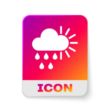 Beyaz bulutlu, yağmurlu ve beyaz arka planda izole edilmiş güneş ikonu. Yağmur damlaları ile yağmur bulutu yağışı. Dikdörtgen renk düğmesi. Vektör İllüstrasyonu