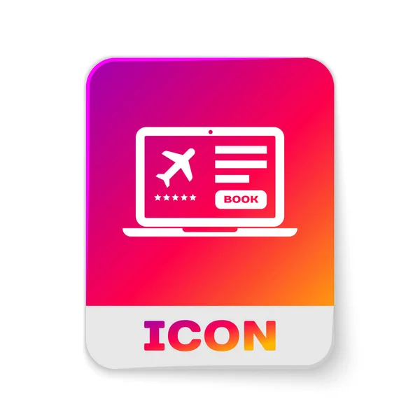 White Laptop with electronic boarding pass airline ticket icon isolated on white background. Passenger plane mobile ticket for web and app. Rectangle color button. Vector Illustration — ストックベクタ