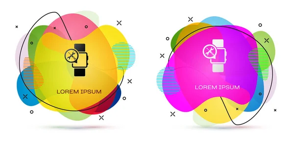 Montre intelligente couleur avec tournevis et icône clé isolée sur fond blanc. Réglage, entretien, réglage, entretien, réparation, fixation. Bannière abstraite aux formes liquides. Illustration vectorielle — Image vectorielle