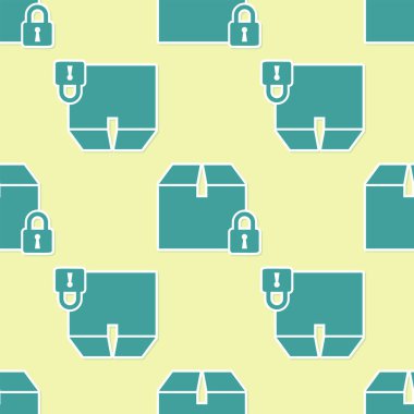 Yeşil Kilitli paket simgesi sarı arka plan üzerinde sorunsuz desen izole. Kilit ve karton kutu. Vektör İllüstrasyonu