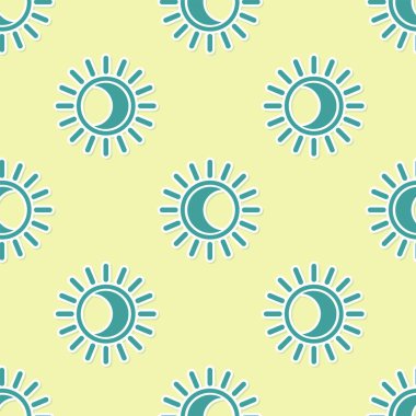 Güneş ikonunun yeşil tutulması sarı arkaplandaki kusursuz deseni izole etti. Tam sonar tutulması. Vektör İllüstrasyonu