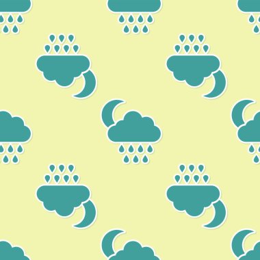 Yağmur ve ay ikonuna sahip yeşil bulut sarı arka planda izole edilmiş pürüzsüz desen. Yağmur damlaları ile yağmur bulutu yağışı. Vektör İllüstrasyonu